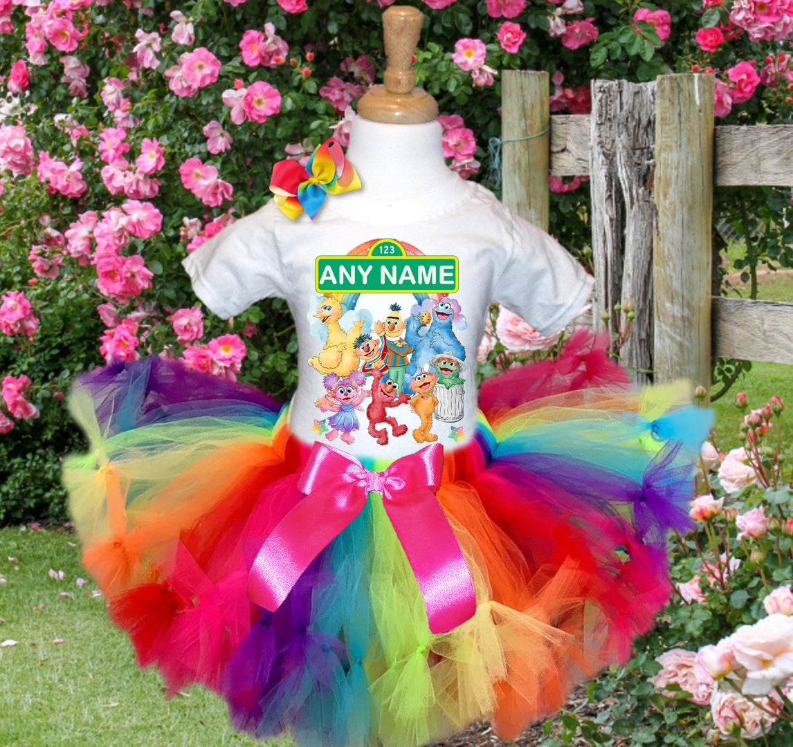 Sesame Street Tutu Set Girls Personalized Custom Rainbow Knots Tutu Outfit Dress Theme Cake Smash Party
