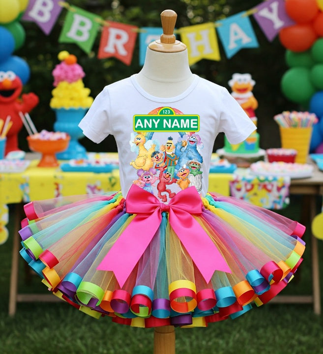 Sesame Street Tutu Set Girls Personalized Custom Rainbow Ribbon Sewn Trim Tutu Outfit Dress Theme Cake Smash Birthday Party