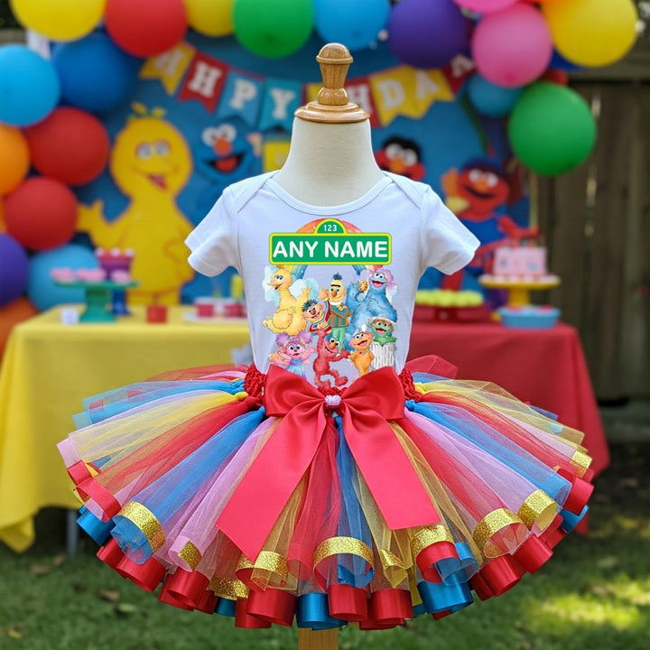 Sesame Street Tutu Set Girls Personalized Custom Pink Blue Red Gold Ribbon Sewn Trim Tutu Outfit Dress Theme Cake Smash Birthday Party