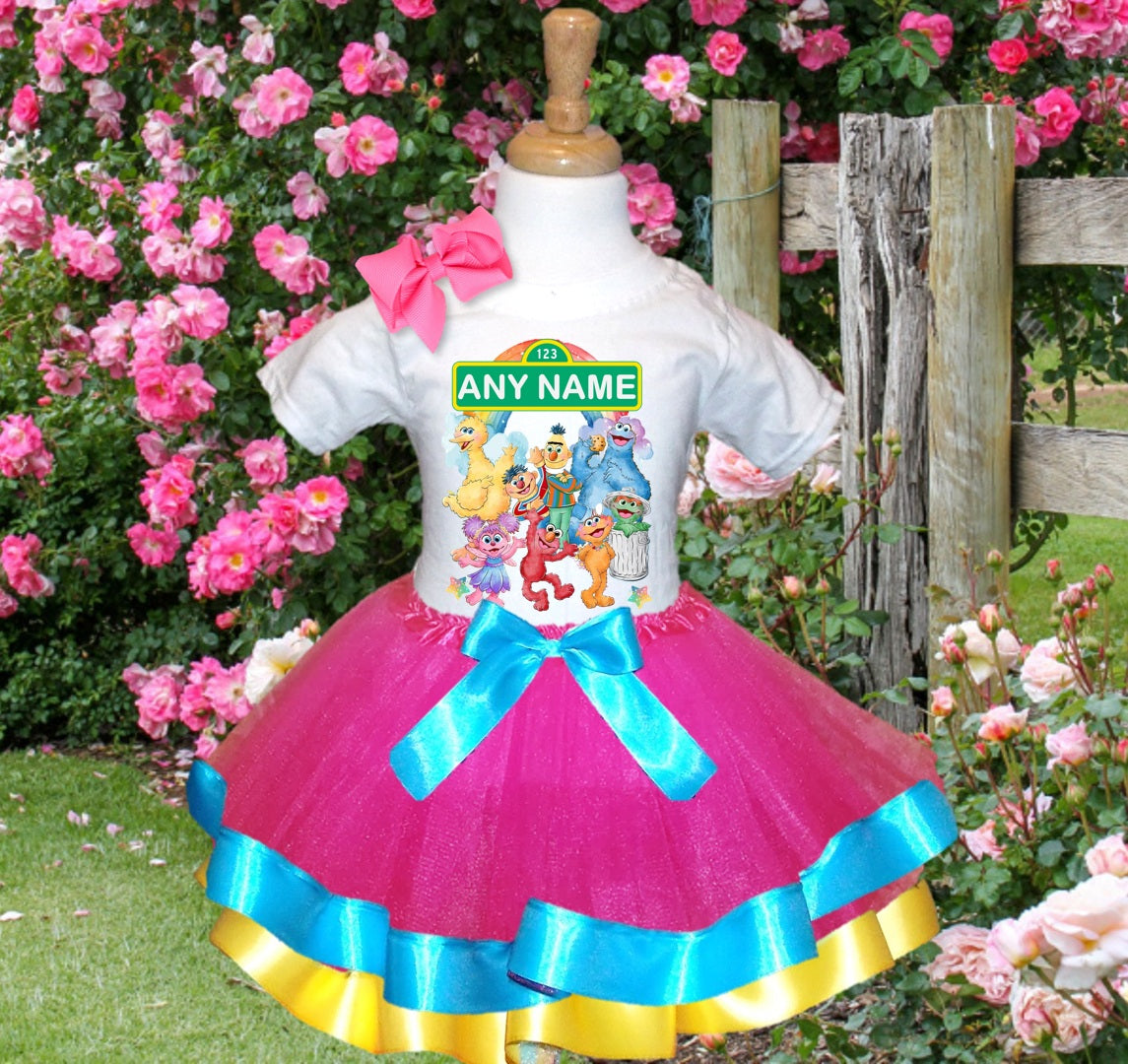 Sesame Street Tutu Set Girls Personalized Custom Hot Pink Blue Yellow Ribbon Trim Tutu Outfit Dress Theme Cake Smash Party