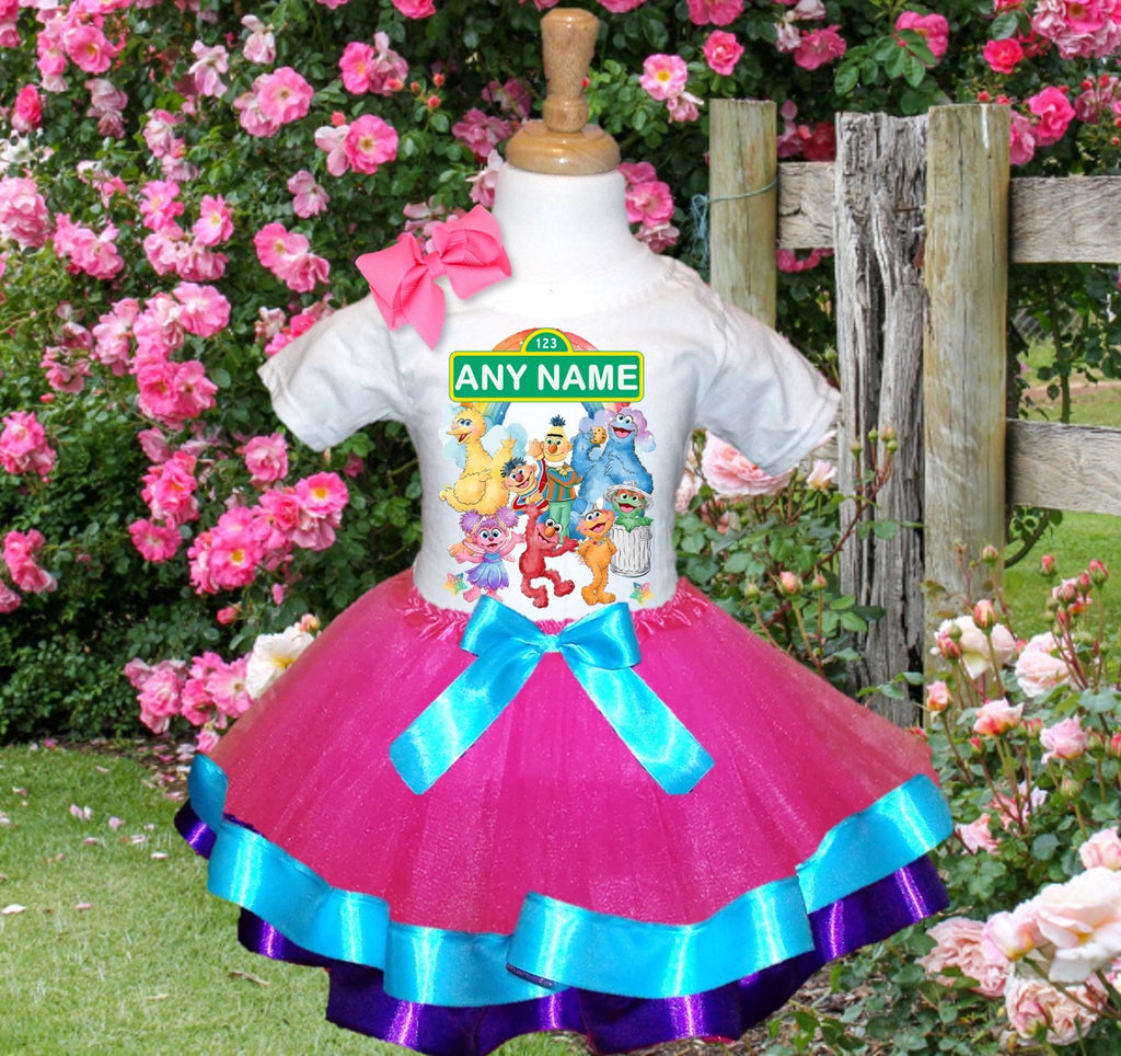 Sesame Street Tutu Set Girls Personalized Custom Hot Pink Blue Purple Ribbon Trim Tutu Outfit Dress Theme Cake Smash Party