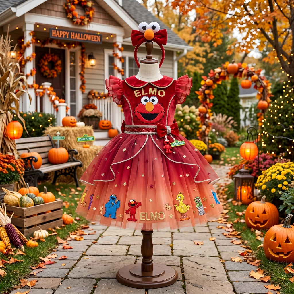 Sesame Street Elmo Girls' Deluxe Sparkle Tutu Party Costume Dress Set with Matching Headband Halloween Birthday Pageant