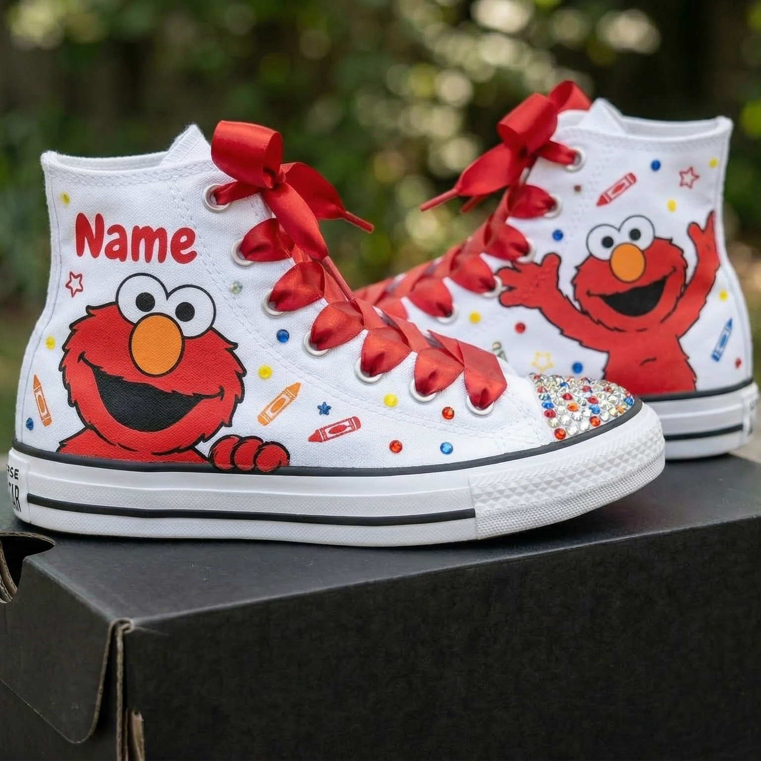 Custom Sesame Street Elmo High-Top Sneakers Shoes Personalized with Name, Ribbon Laces & Rhinestones Birthday Parties Everyday Gift