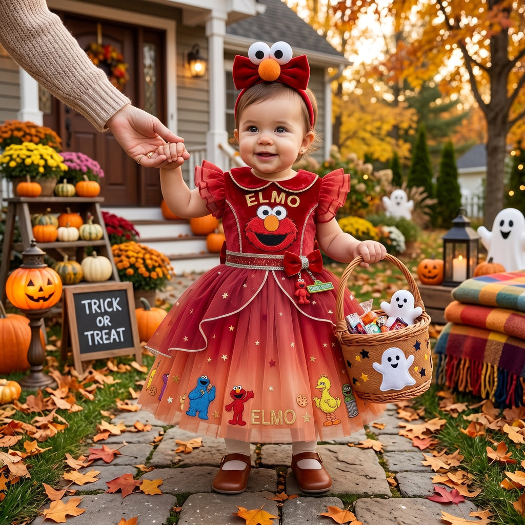 Sesame Street Elmo Girls' Deluxe Sparkle Tutu Party Costume Dress Set with Matching Headband Halloween Birthday Pageant