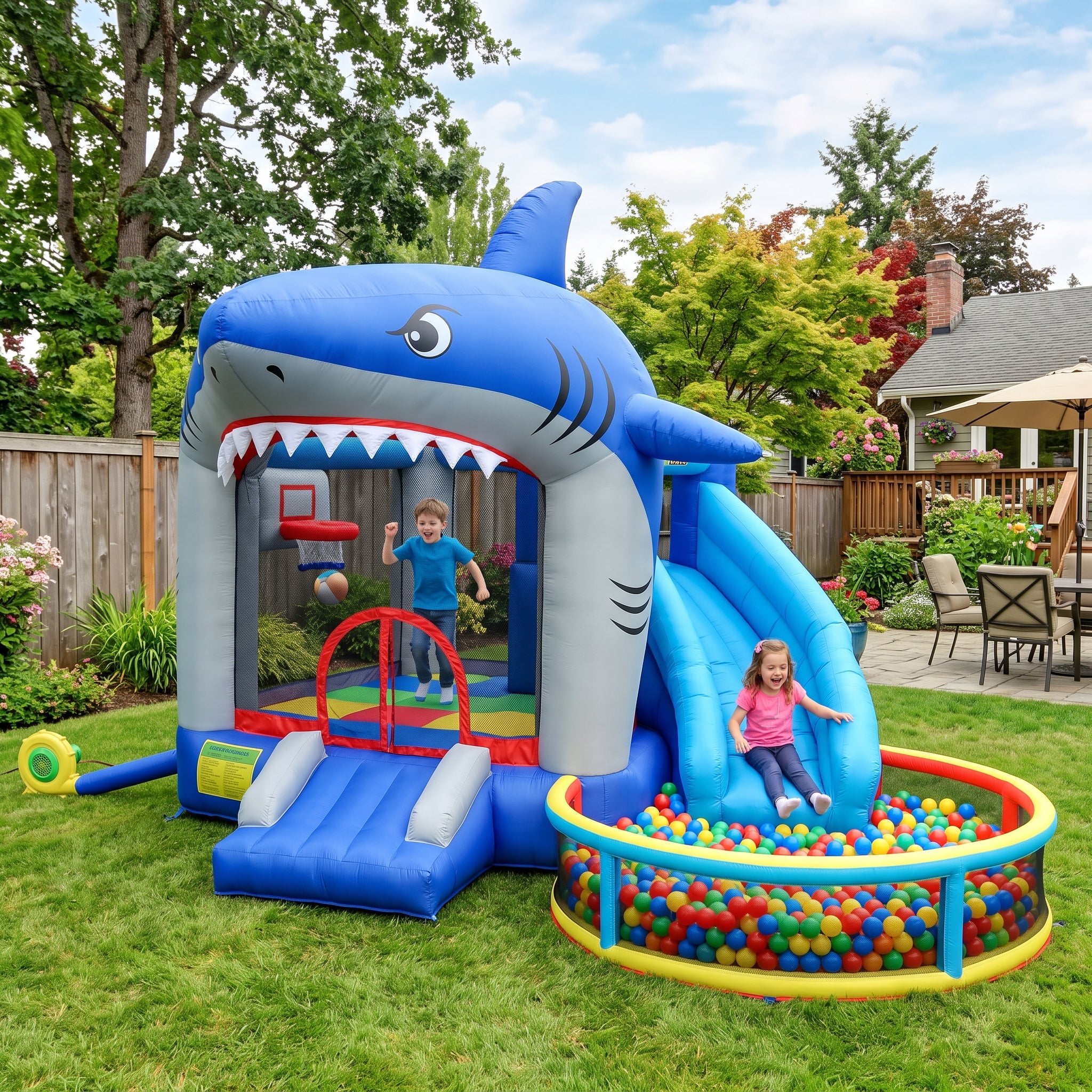 Play Bounce House Jumping Playhouse area with Slide and Ball Pit Shark Theme