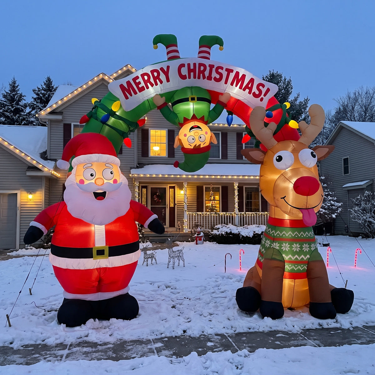 10-Foot Giant Outdoor Illuminated Walkthrough Silly Santa Elf and Reindeer Funny Inflatable Archway Christmas Decor