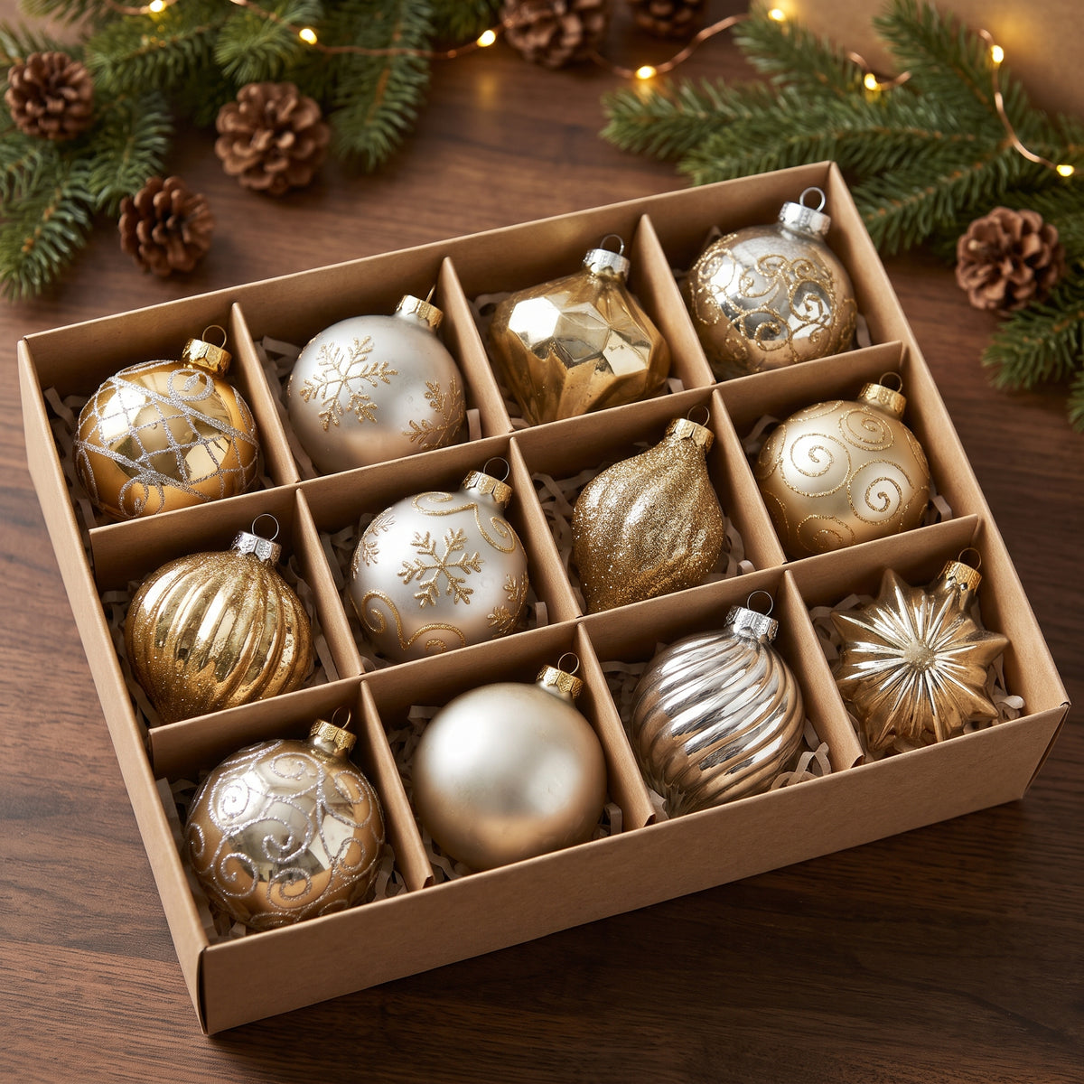 12-Piece Assorted Silver and Gold Luxury Shatterproof Holiday Ornament Set Christmas Decor