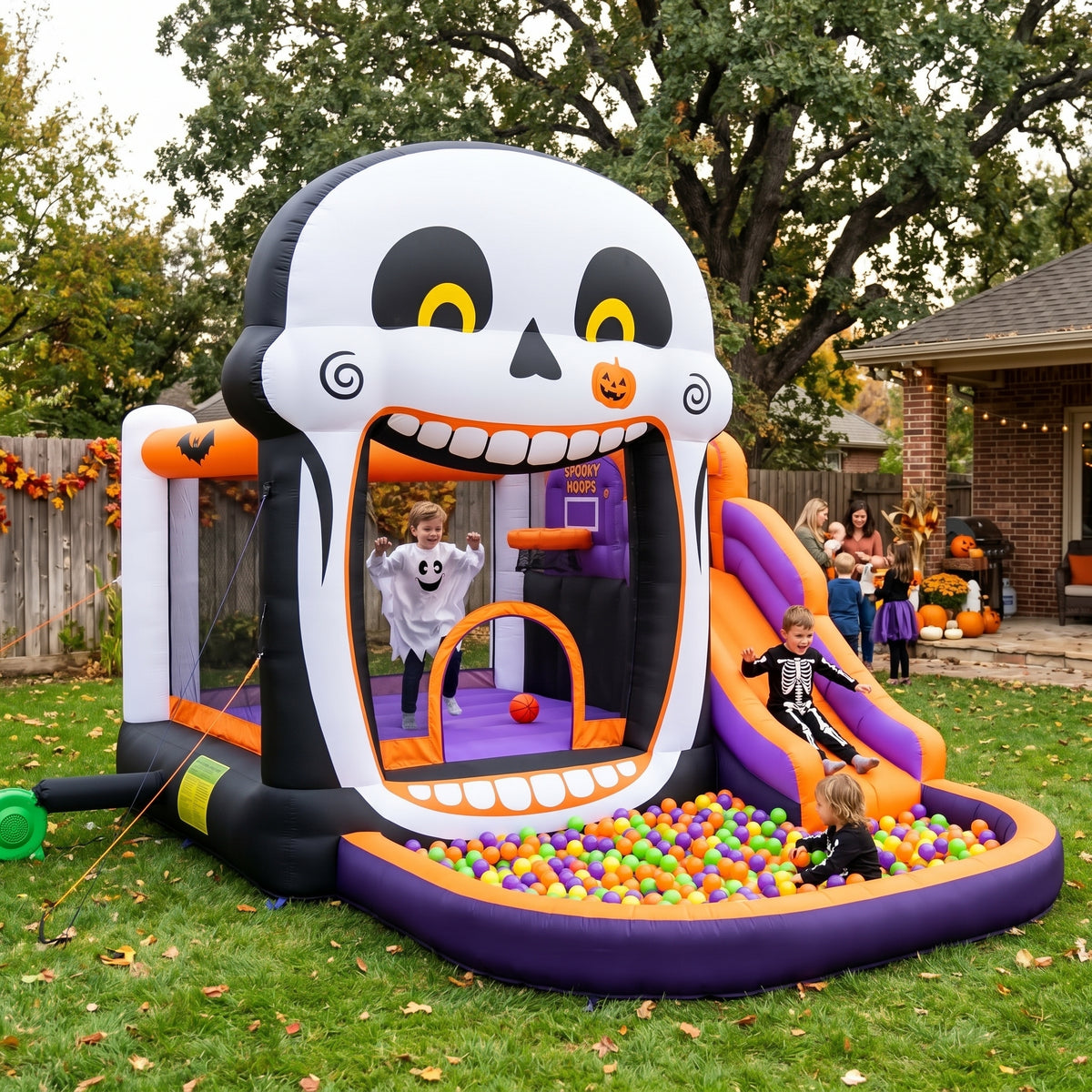 Play Bounce House Jumping Playhouse area with Slide and Ball Pit Halloween Skeleton's Head Castle Theme