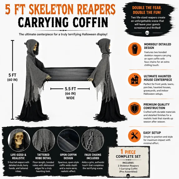 5' Skeletons in robes carrying Coffin Halloween Home Decor Accent Yard Prop