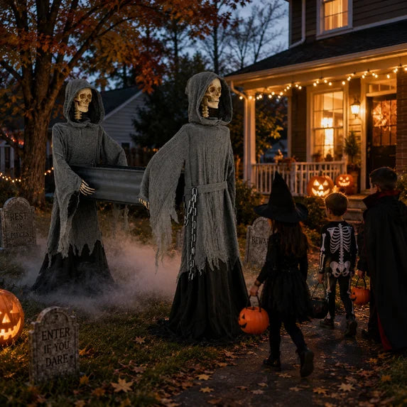 5' Skeletons in robes carrying Coffin Halloween Home Decor Accent Yard Prop