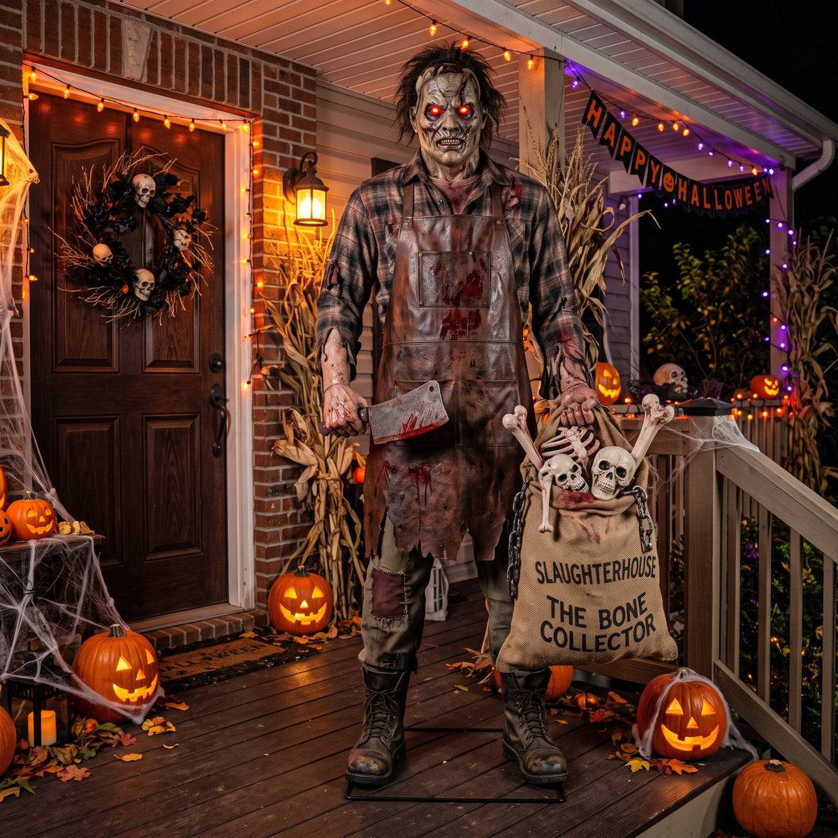 6' Animated Slaughterhouse Bone Collector Figure Music Lights Motion Sensor Halloween Home Decor Accent Yard Prop
