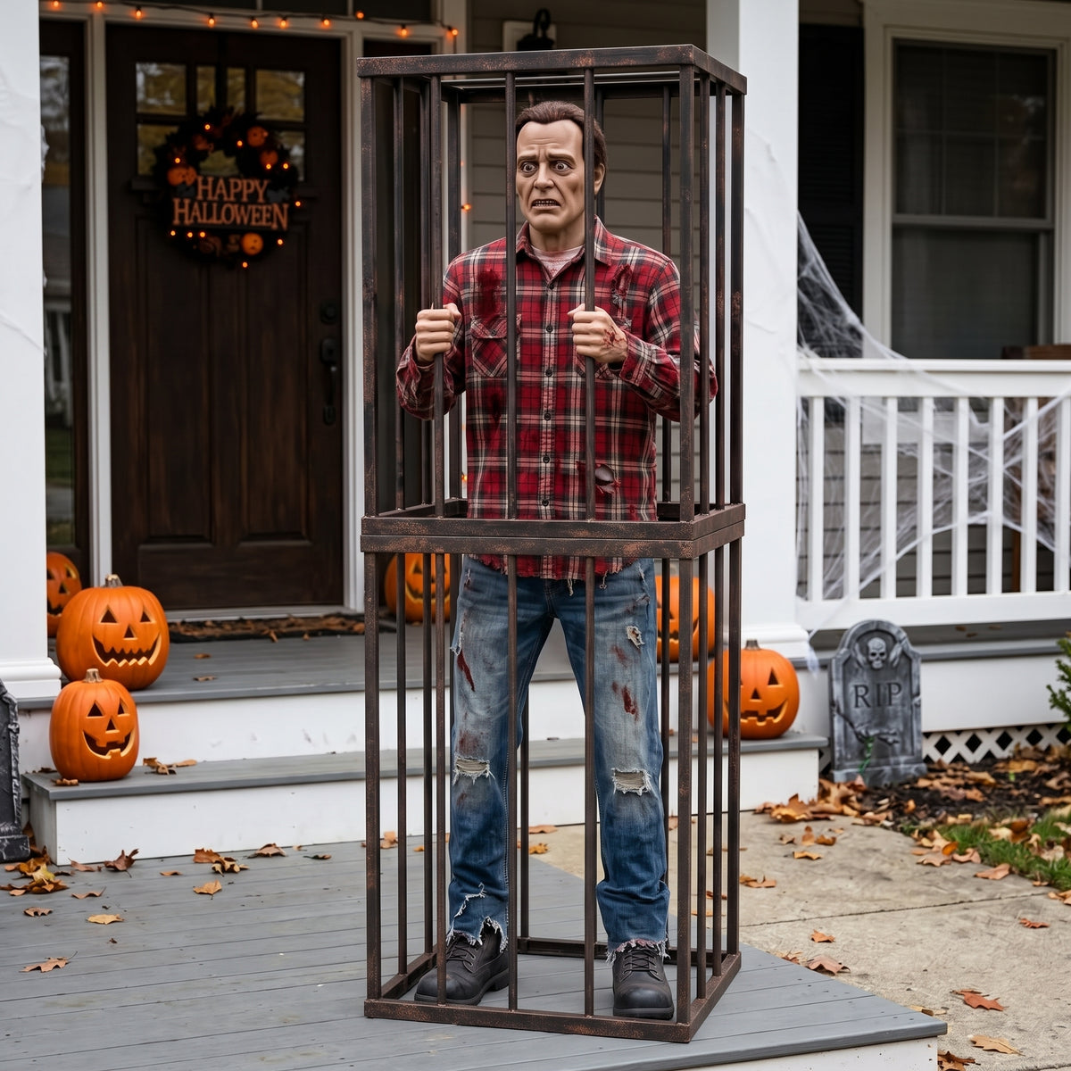 6' Animated Slaughterhouse Caged Victim Figure Music Lights Motion Sensor Halloween Home Decor Accent Yard Prop