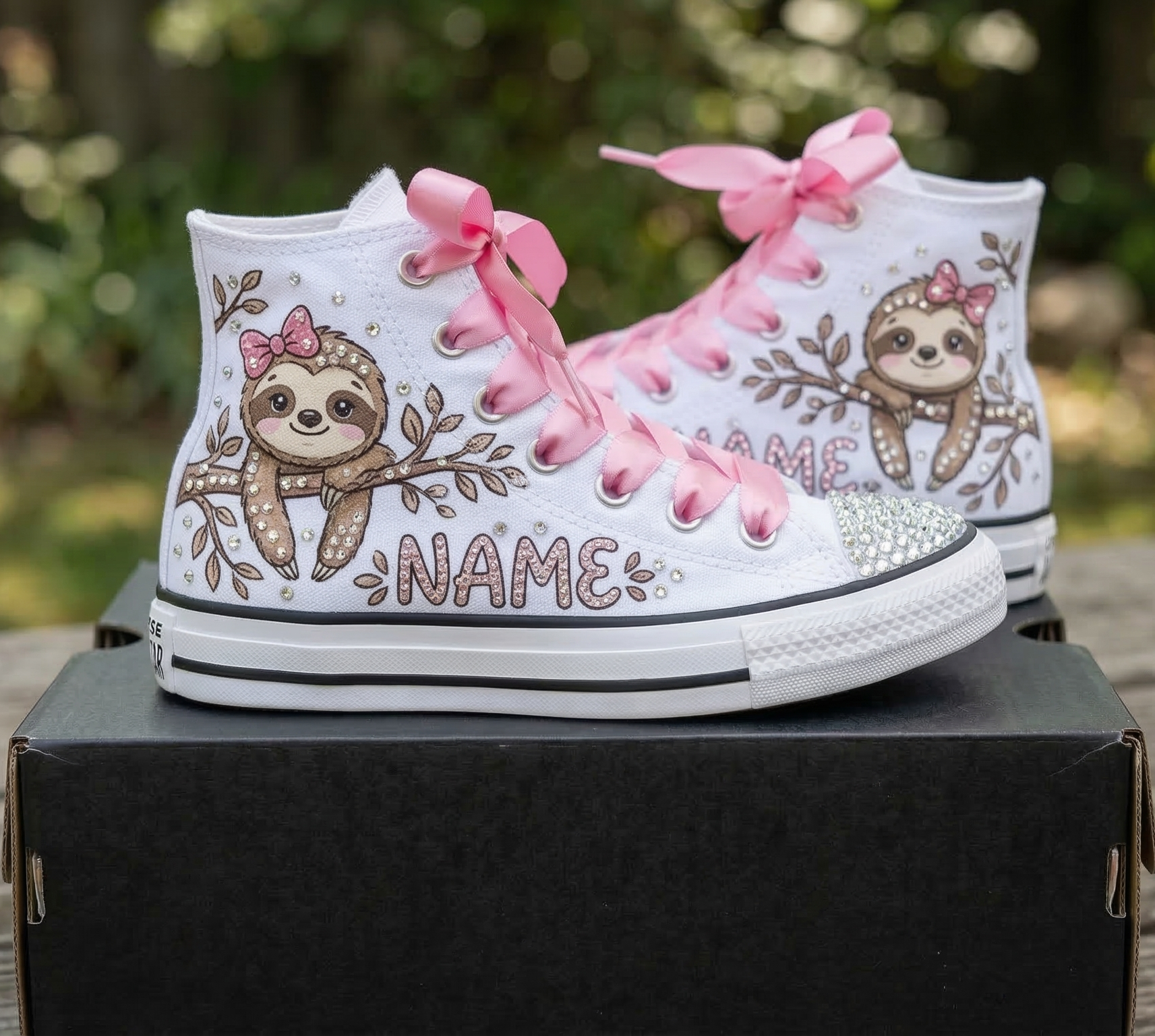 Custom Cute Sloth High-Top Sneakers Shoes Personalized with Name, Ribbon Laces & Rhinestones Birthday Parties Everyday Gift