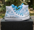 Custom Snowflakes Blue Silver High-Top Sneakers Shoes Personalized with Name, Ribbon Laces & Rhinestones Birthday Parties Everyday Gift