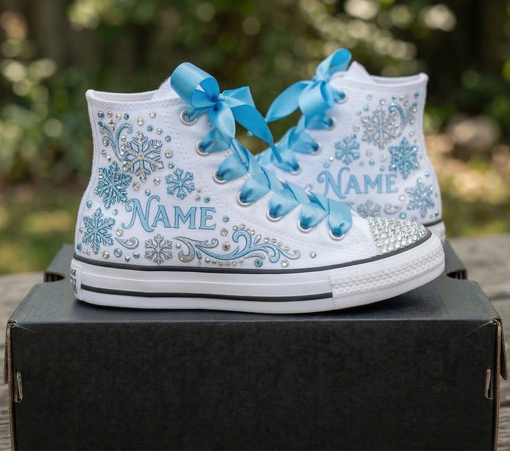 Custom Snowflakes Blue Silver High-Top Sneakers Shoes Personalized with Name, Ribbon Laces & Rhinestones Birthday Parties Everyday Gift