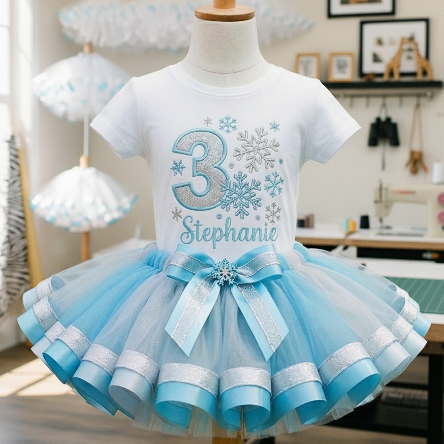 Silver Blue Snowflakes Frozen Winter Birthday Custom Girls Tutu Outfit Personalized Dress Set