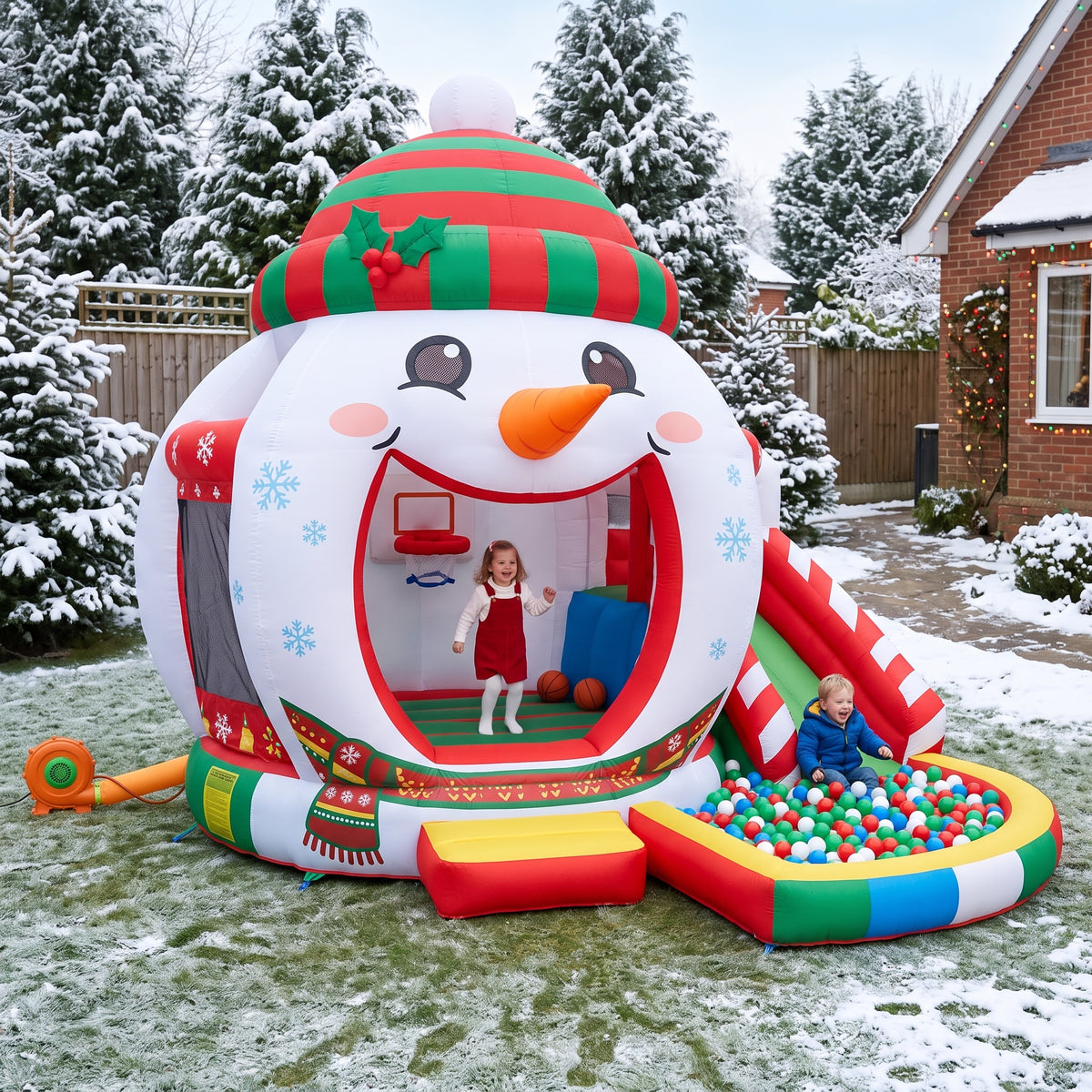 Play Bounce House Jumping Playhouse area with Slide and Ball Pit Christmas Snowman's Head Castle Theme
