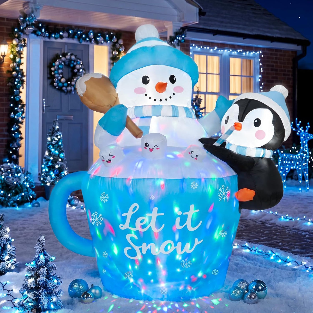 5-Foot Giant Outdoor Blue Snowman Cocoa Mug with Penguin Inflatable with LED Illumination Christmas Blow Up Yard Decor