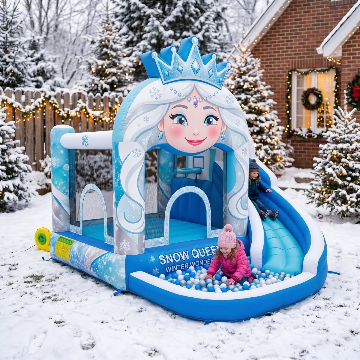 Play Bounce House Jumping Playhouse area with Slide and Ball Pit Christmas Snow Queen's Head Castle Theme