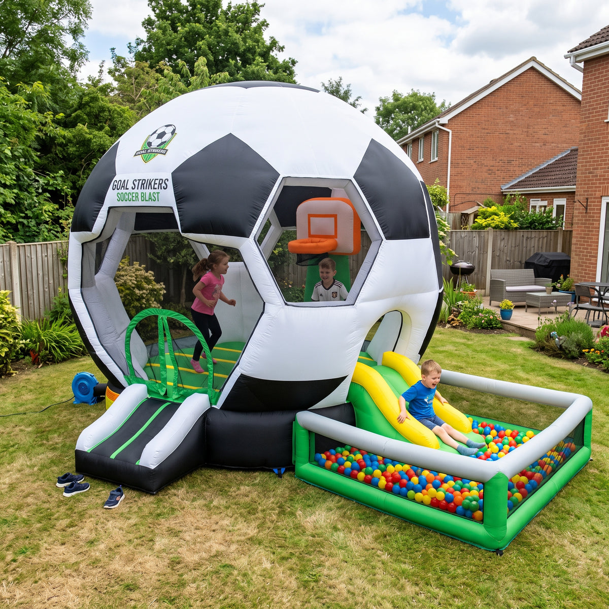 Play Bounce House Jumping Playhouse area with Slide and Ball Pit Sports Soccer Ball Castle Theme