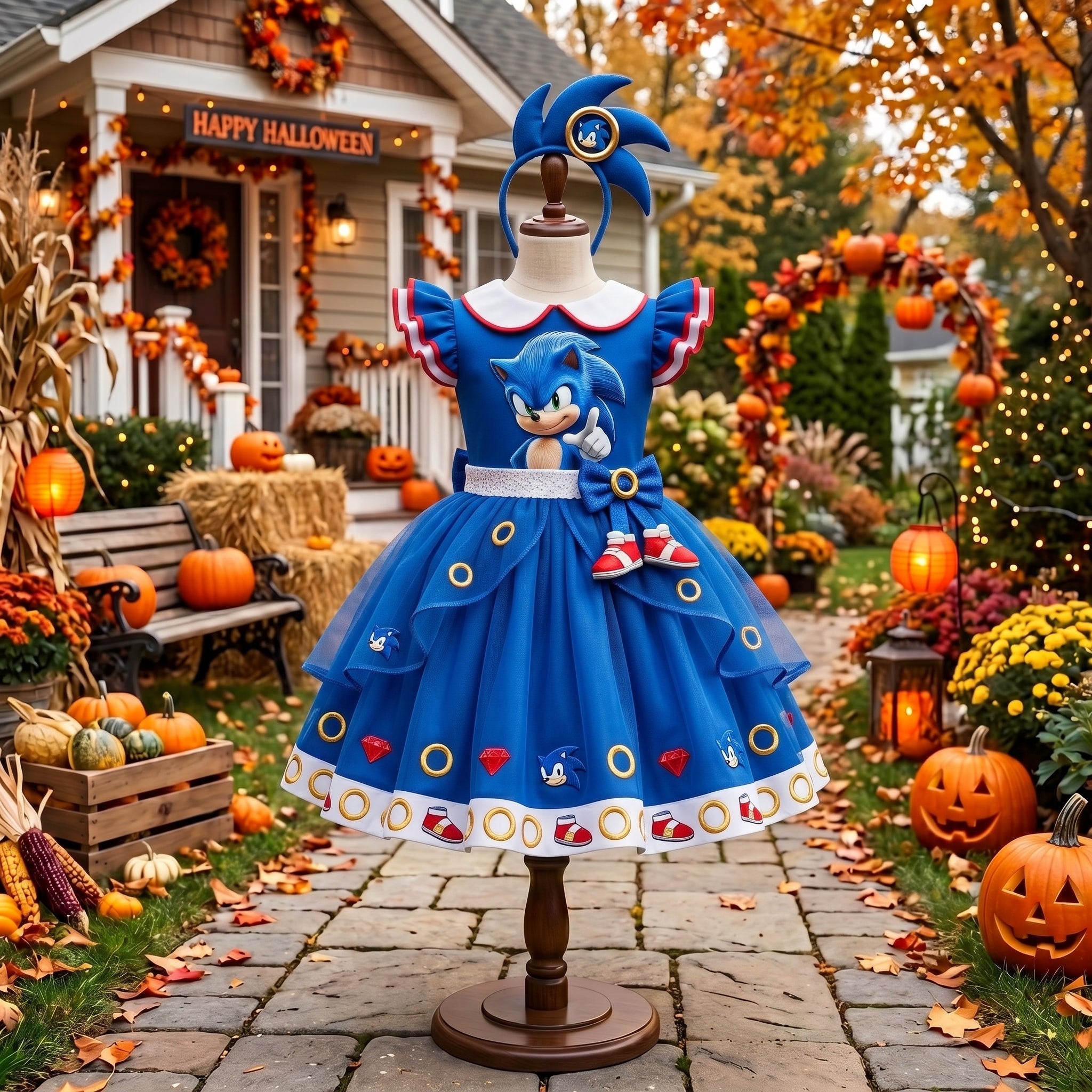 Sonic the Hedgehog Sonic Girls' Deluxe Sparkle Tutu Party Costume Dress Set with Matching Headband Halloween Birthday Pageant