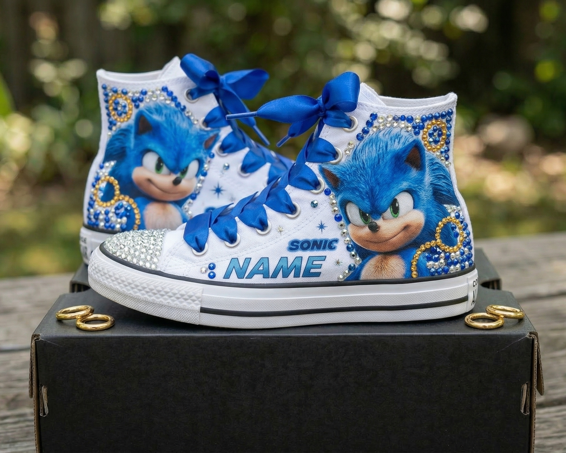 Custom Sonic the hedgehog Movie Sonic High-Top Sneakers Shoes Personalized with Name, Ribbon Laces & Rhinestones Birthday Parties Everyday Gift
