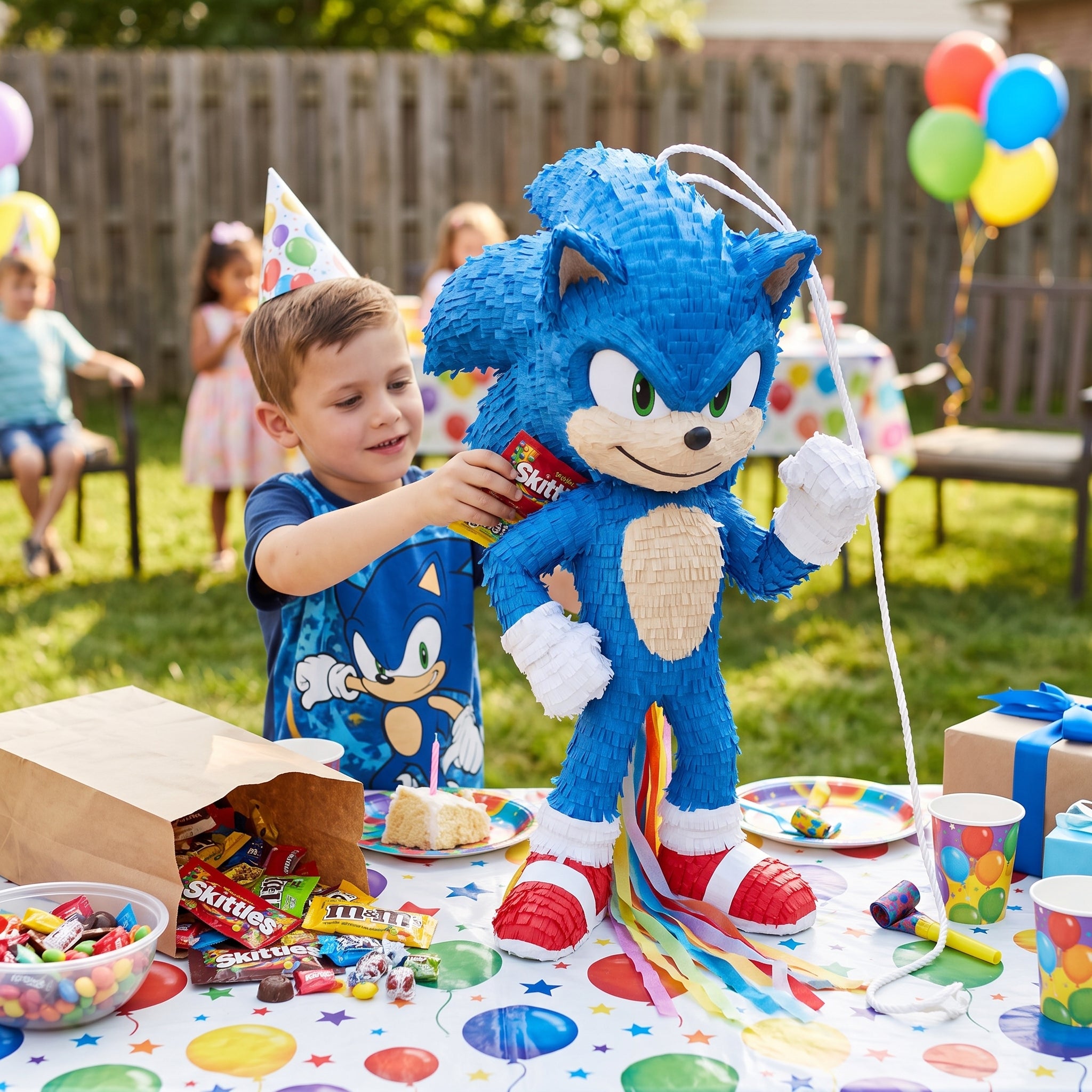 Premium Handmade 30-Inch Sonic the Hedgehog Movie Sonic Character Pull-String Piñata Table Decor Party Centerpiece