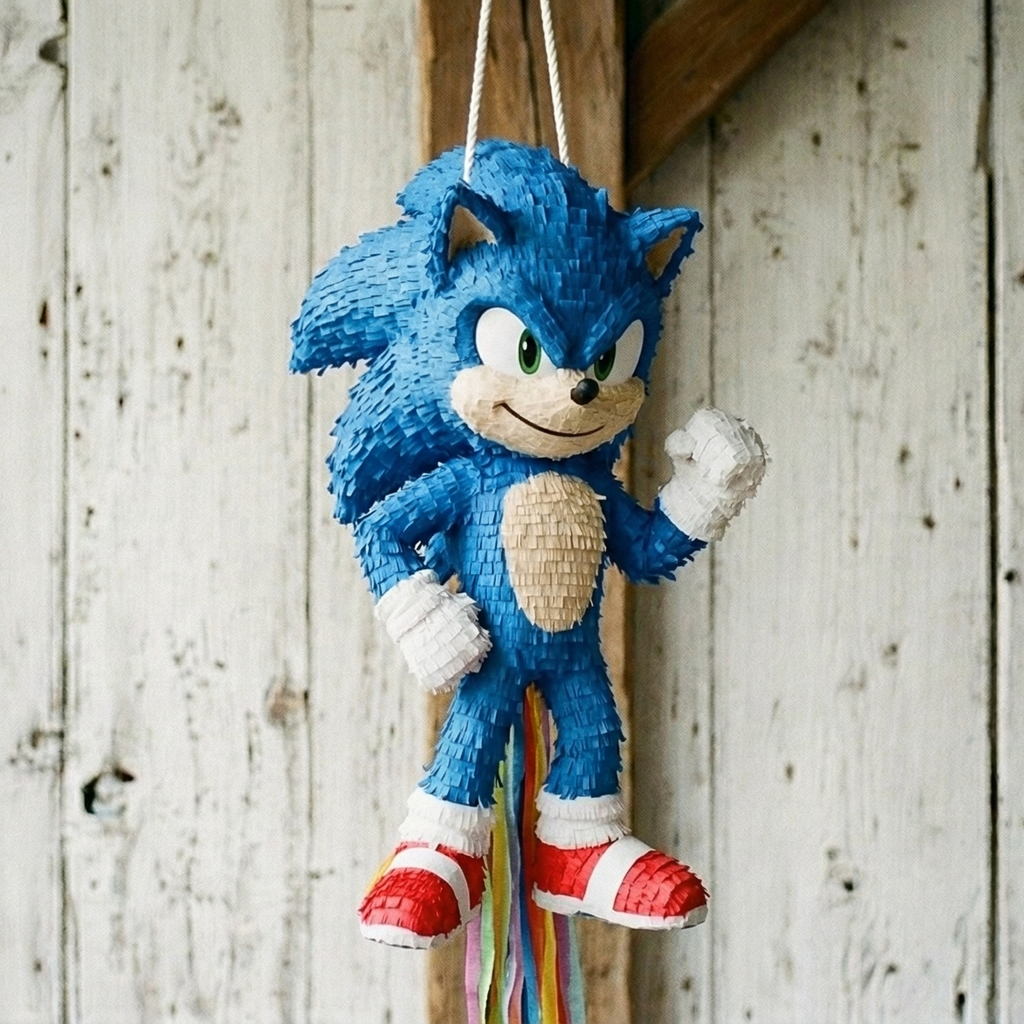 Premium Handmade 30-Inch Sonic the Hedgehog Movie Sonic Character Pull-String Piñata Table Decor Party Centerpiece