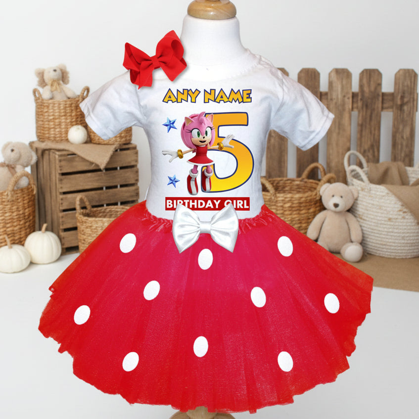 Sonic the Hedgehog Movie Amy Rose Tutu Set Girls Personalized Custom Red White Polka Dots Tutu Outfit Dress Theme Cake Smash Birthday Party