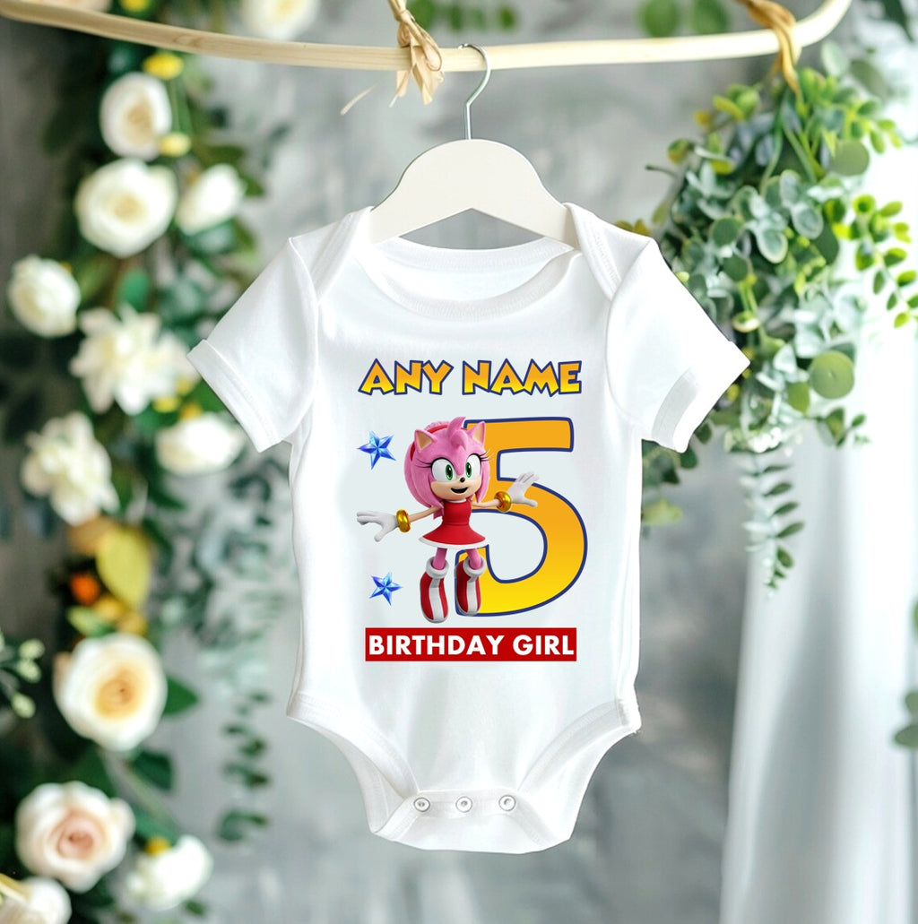 Sonic the Hedgehog Movie Amy Rose Personalized Custom White T-Shirt or Onesie Theme Cake Smash Birthday Party