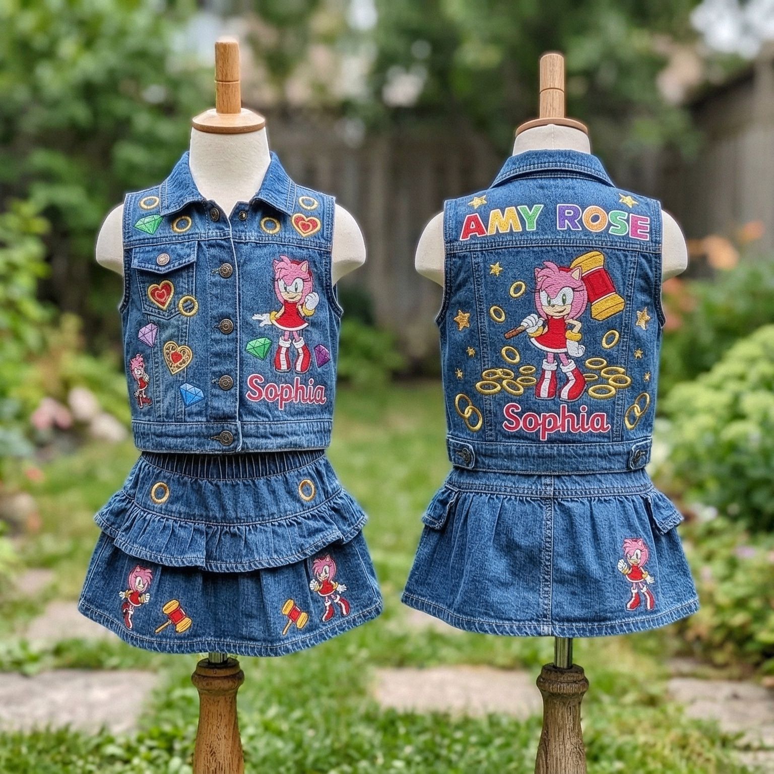 Personalized Custom Name Sonic the Hedgehog Amy Rose Denim Vest & Skirt Set Birthday Party Cake Smash Gift