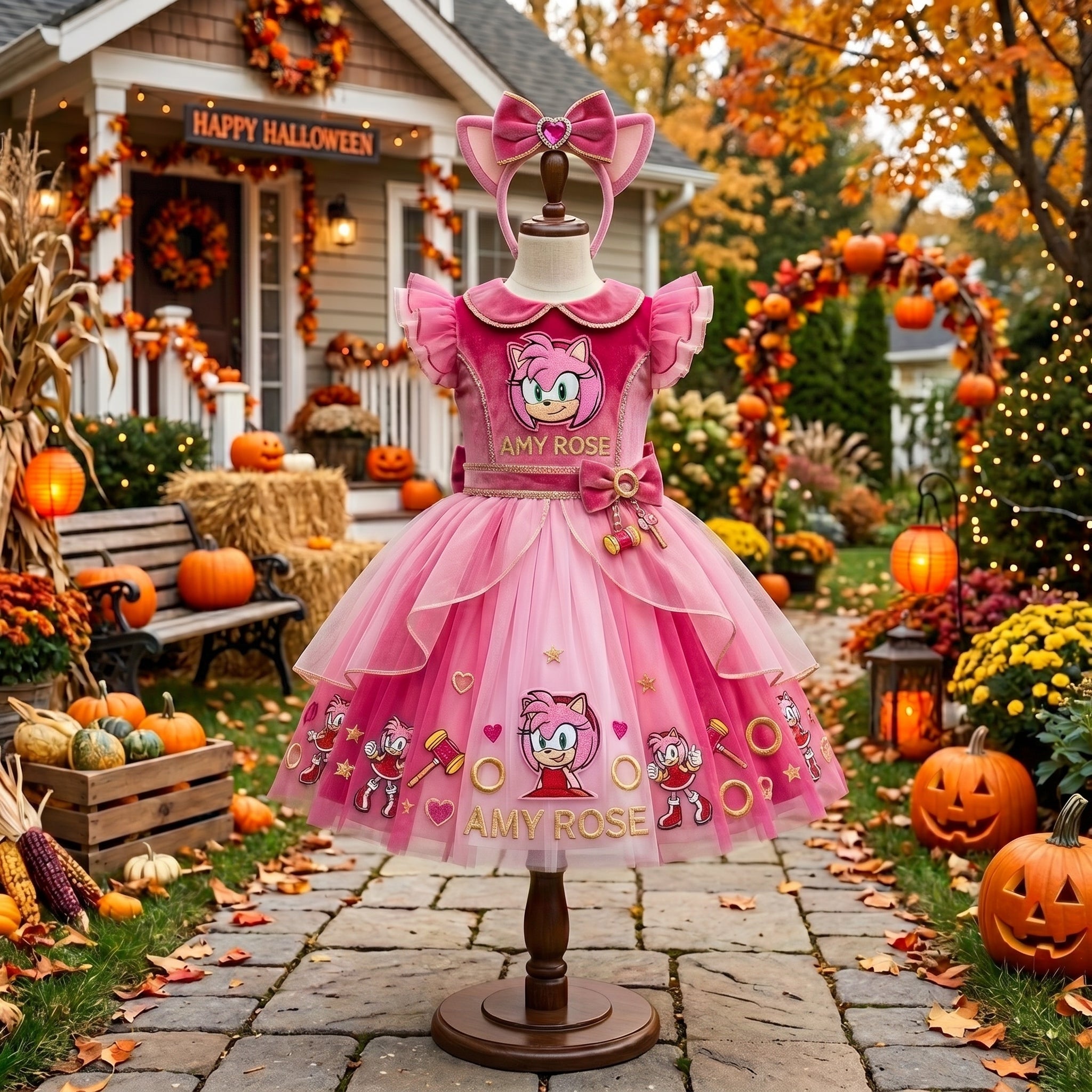 Sonic the Hedgehog Amy Rose Girls' Deluxe Sparkle Tutu Party Costume Dress Set with Matching Headband Halloween Birthday Pageant