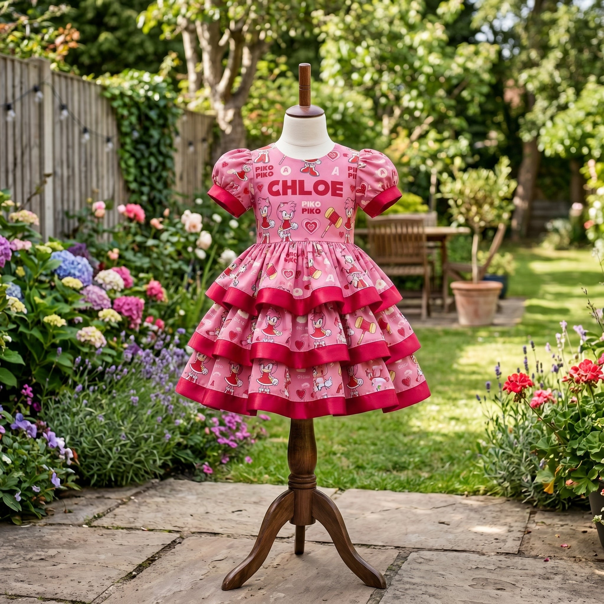 Sonic the Hedgehog Amy Rose Girls Personalized Custom Tiered Ruffle Dress Ribbon Trim Theme Cake Smash Birthday Party
