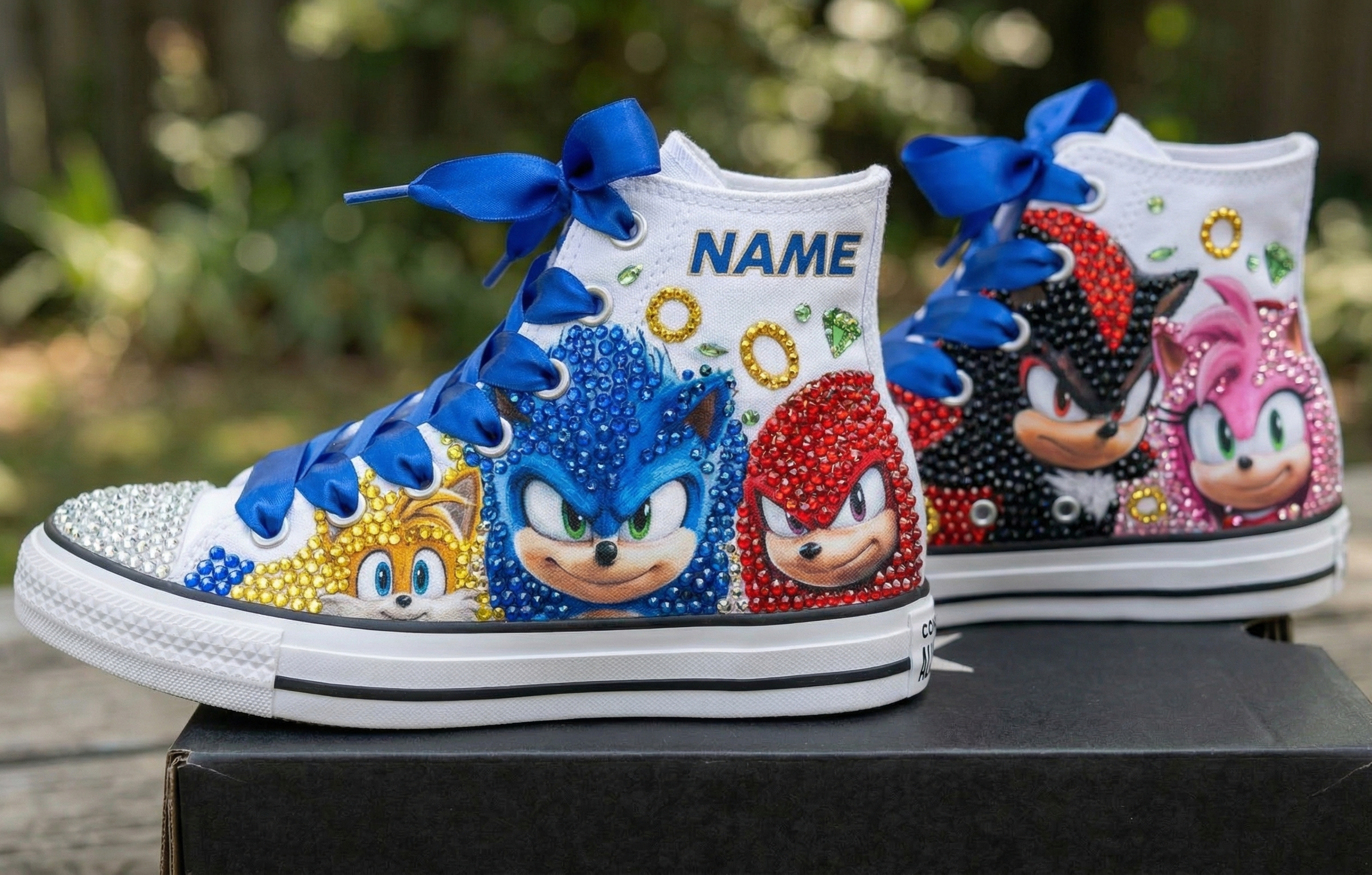Custom Sonic the hedgehog Movie Friends High-Top Sneakers Shoes Personalized with Name, Ribbon Laces & Rhinestones Birthday Parties Everyday Gift