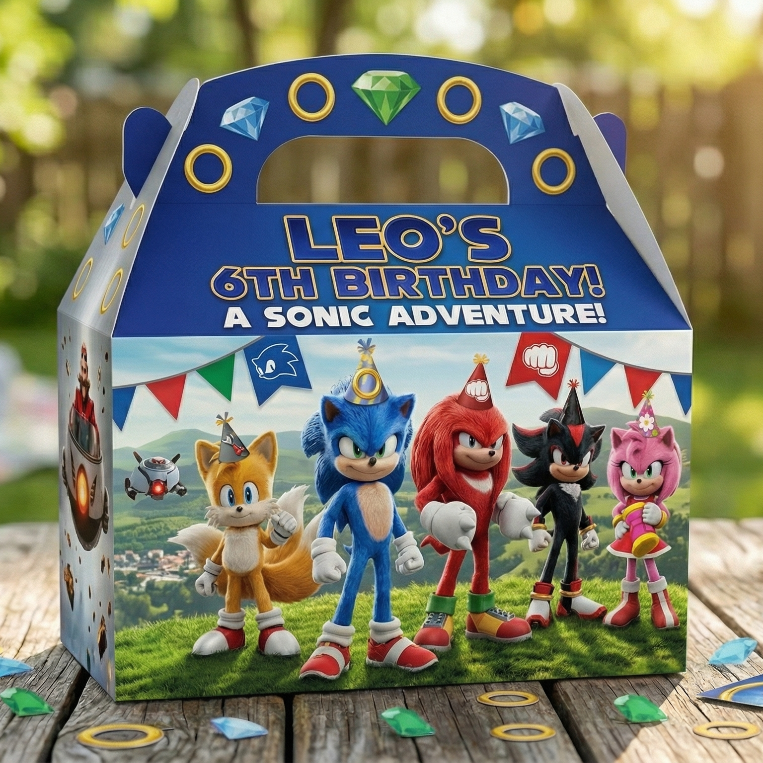 (Pack of 6) Sonic the Hedgehog Movie Custom Personalized Birthday Party Favor Gable Treat Boxes