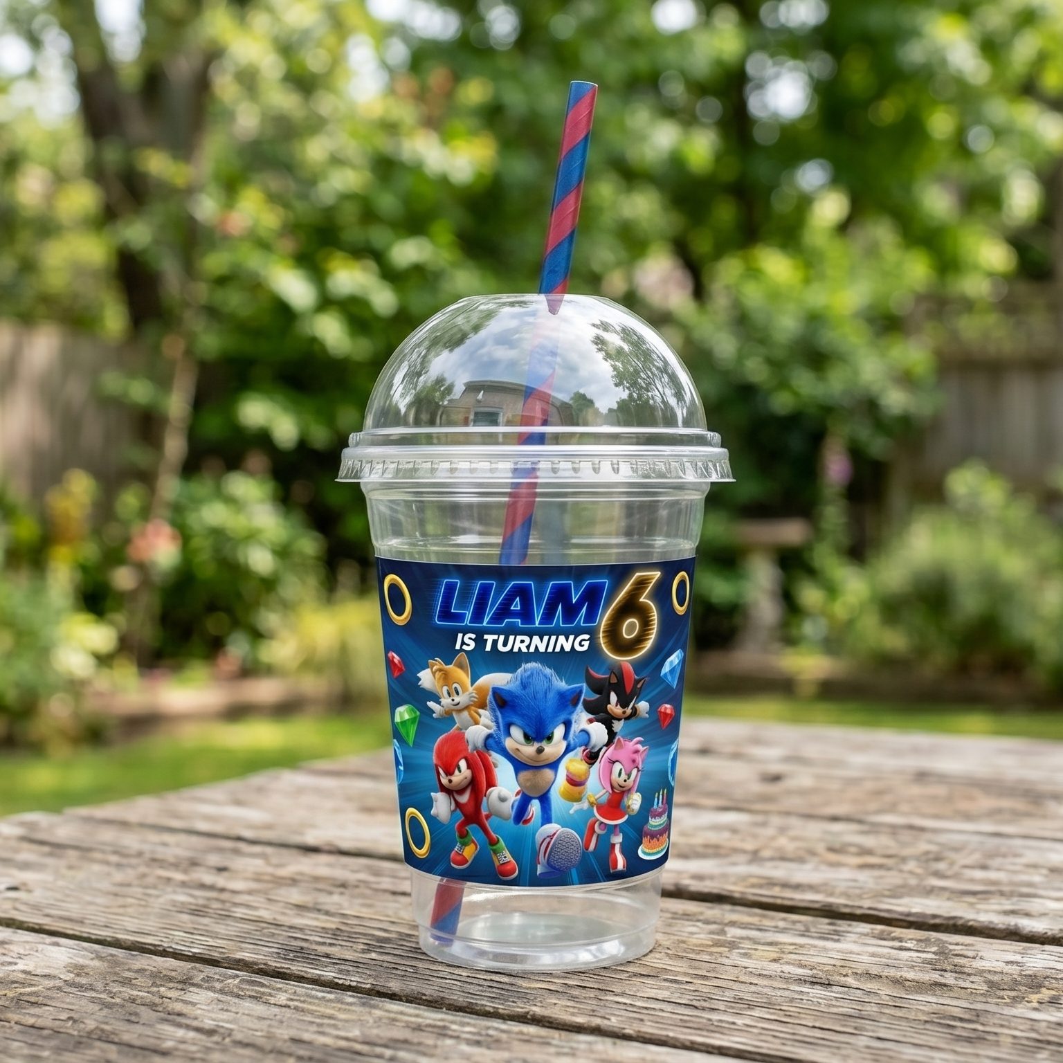 (Pack of 6) Sonic the Hedgehog Movie 4 Custom Personalized Birthday Party 16 oz Cups with Dome Lids & Straws