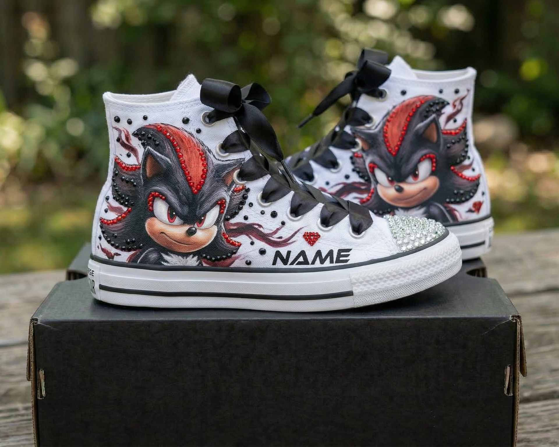 Custom Sonic the hedgehog Movie Shadow High-Top Sneakers Shoes Personalized with Name, Ribbon Laces & Rhinestones Birthday Parties Everyday Gift