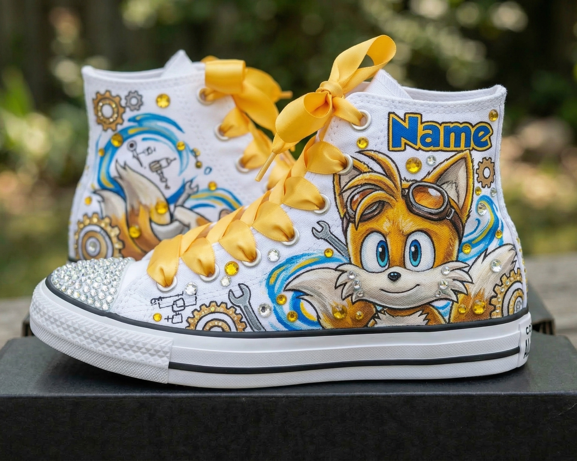 Custom Sonic the hedgehog Movie Tails High-Top Sneakers Shoes Personalized with Name, Ribbon Laces & Rhinestones Birthday Parties Everyday Gift