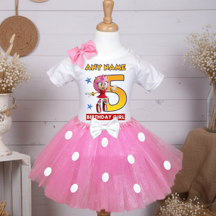 Sonic the Hedgehog Movie Amy Rose Tutu Set Girls Personalized Custom Pink White Polka Dots Tutu Outfit Dress Theme Cake Smash Birthday Party