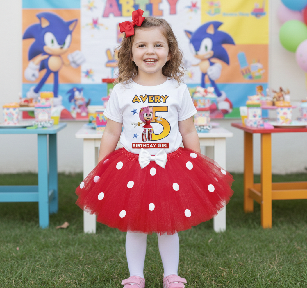 Sonic the Hedgehog Movie Amy Rose Tutu Set Girls Personalized Custom Red White Polka Dots Tutu Outfit Dress Theme Cake Smash Birthday Party