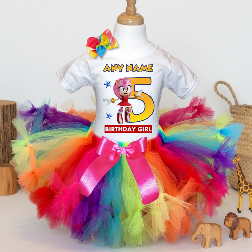 Sonic the Hedgehog Movie Amy Rose Tutu Set Girls Personalized Custom Rainbow Knots Tutu Outfit Dress Theme Cake Smash Birthday Party