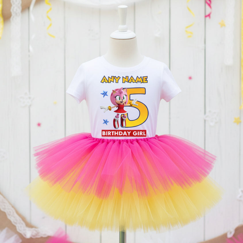 Sonic the Hedgehog Movie Amy Rose Tutu Set Girls Personalized Custom Hot Pink Yellow Tutu Outfit Dress Theme Cake Smash Birthday Party