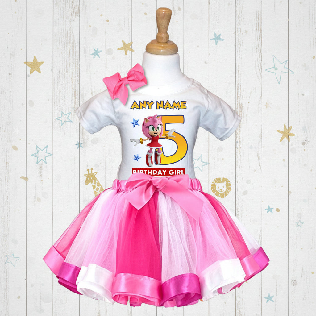 Sonic the Hedgehog Movie Amy Rose Tutu Set Girls Personalized Custom Hot Pink White Pink Ribbon Tutu Outfit Dress Theme Cake Smash Birthday Party