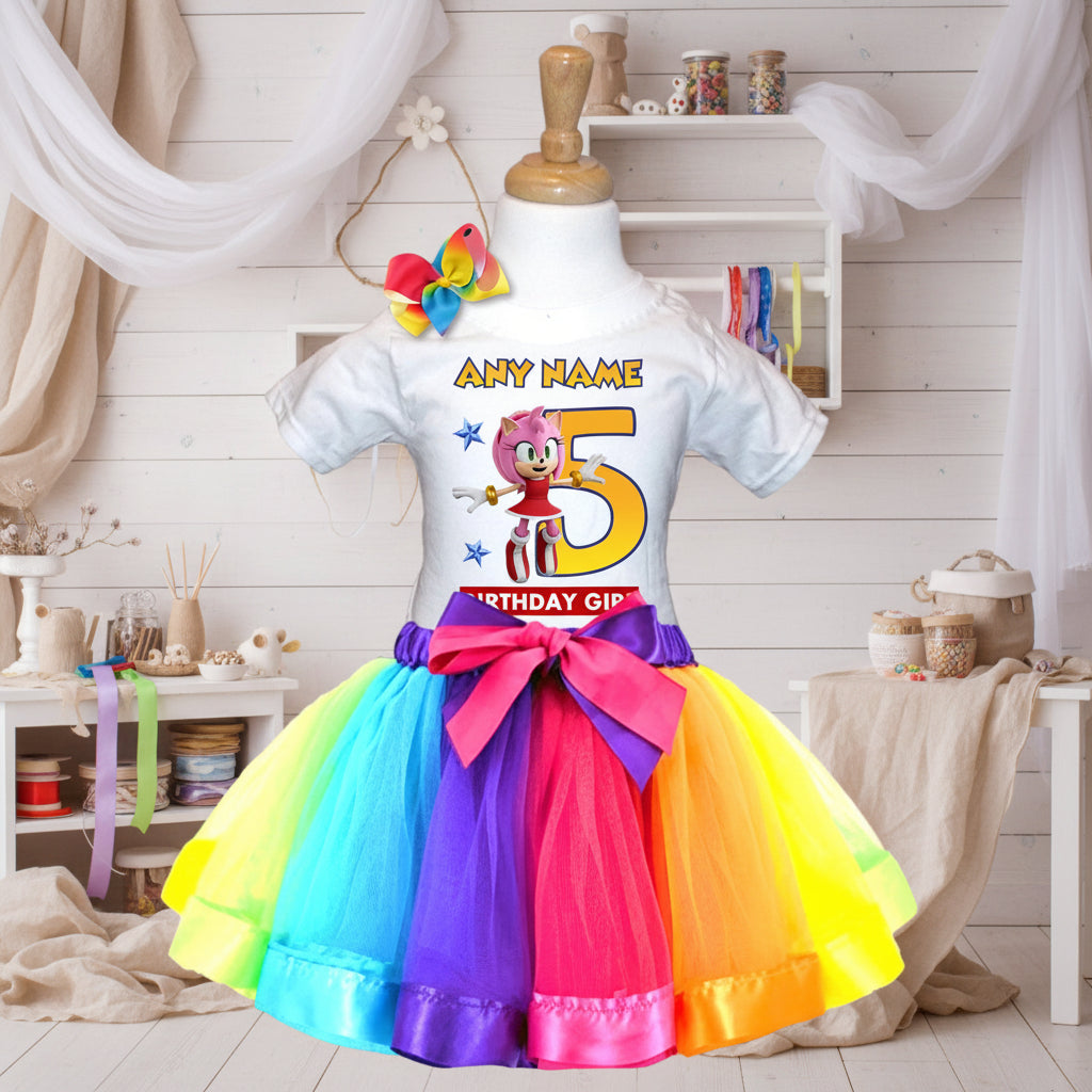 Sonic the Hedgehog Movie Amy Rose Tutu Set Girls Personalized Custom Rainbow Ribbon Tutu Outfit Dress Theme Cake Smash Birthday Party