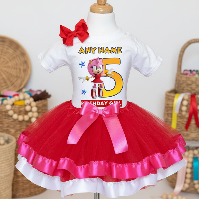 Sonic the Hedgehog Movie Amy Rose Tutu Set Girls Personalized Custom Red Hot Pink White Ribbon Trim Tutu Outfit Dress Theme Cake Smash Birthday Party