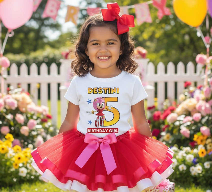 Sonic the Hedgehog Movie Amy Rose Tutu Set Girls Personalized Custom Red Hot Pink White Ribbon Trim Tutu Outfit Dress Theme Cake Smash Birthday Party
