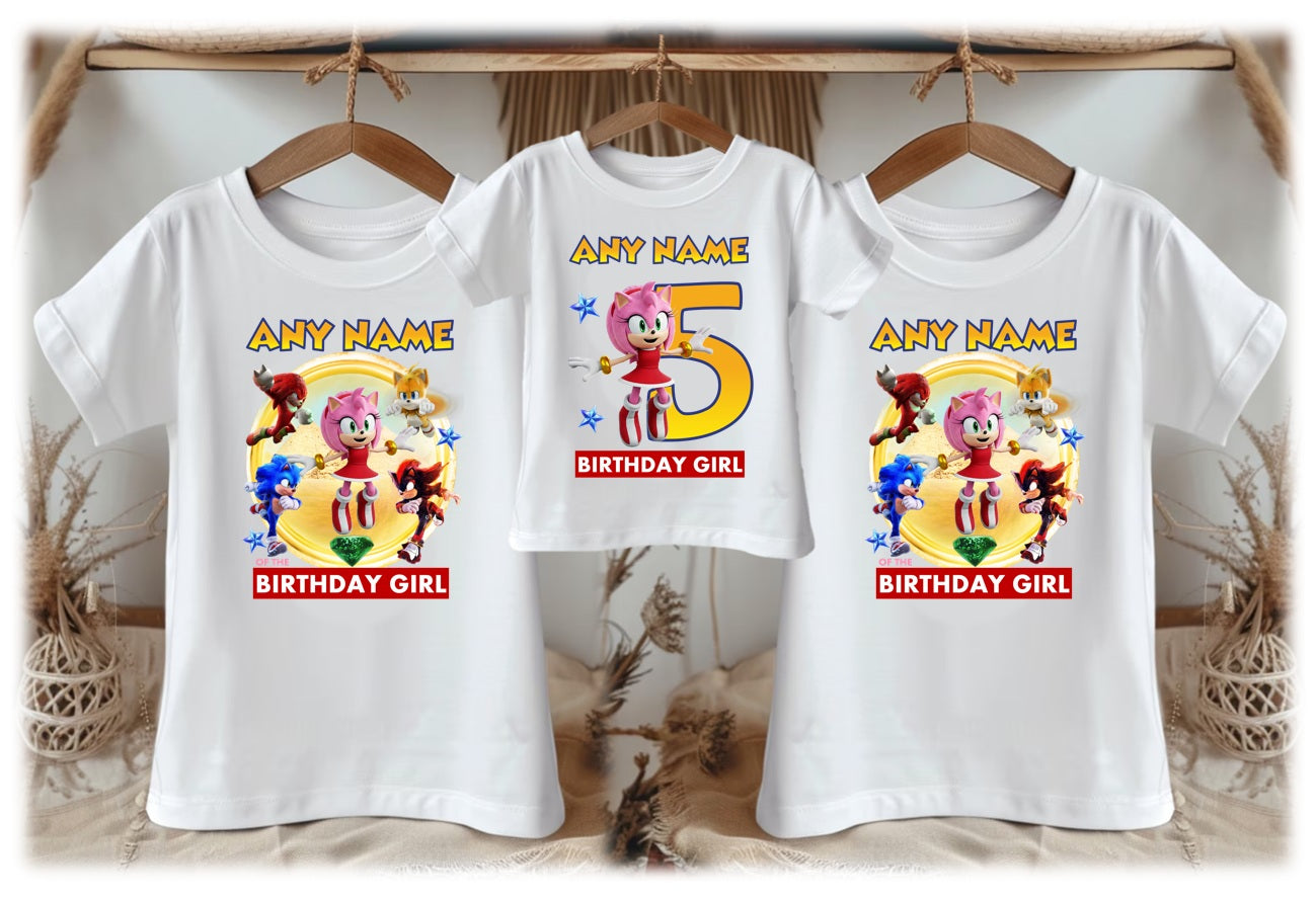 Sonic the Hedgehog Movie Amy Rose Personalized Custom White Family T-Shirt or Onesie Pack Theme Cake Smash Birthday Party