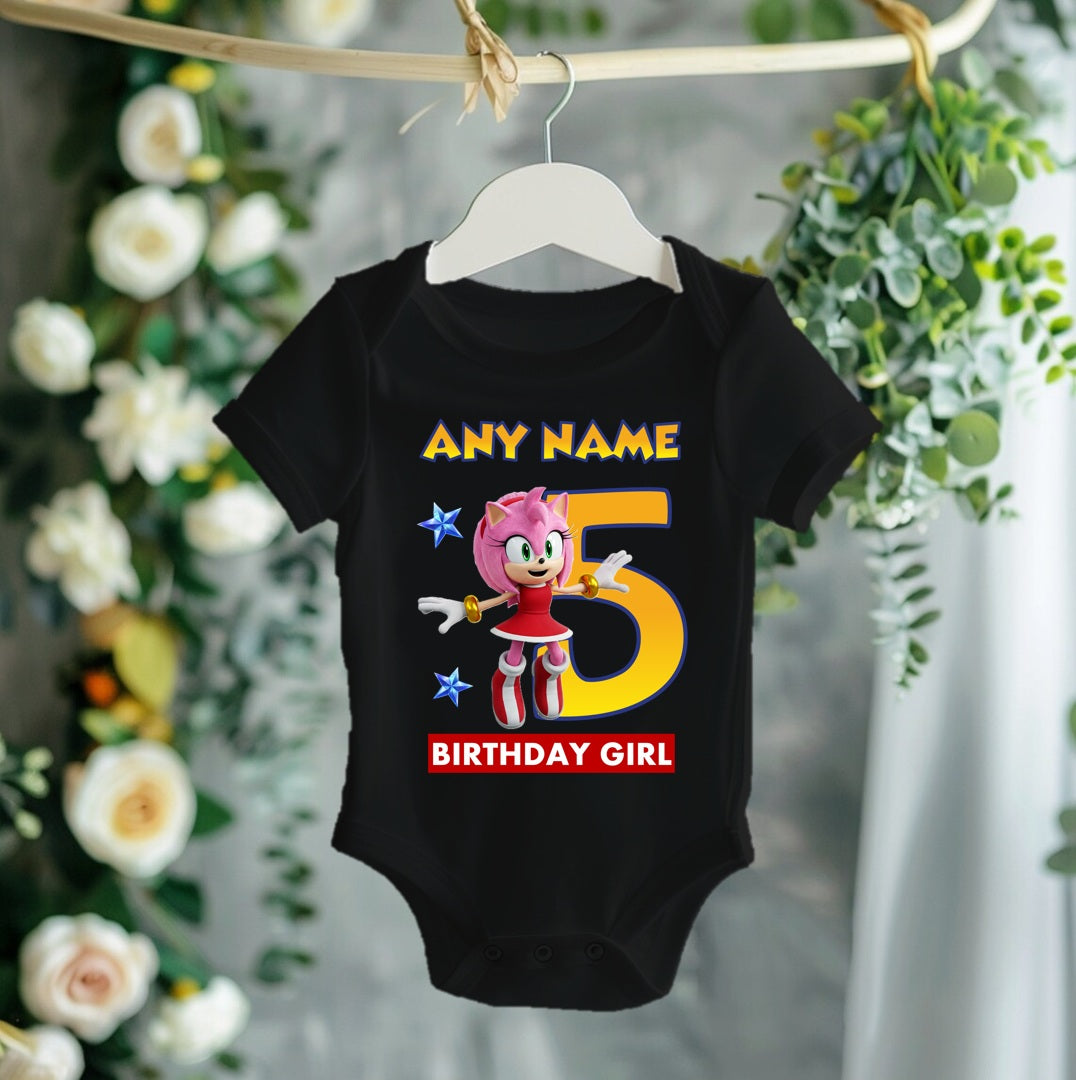 Sonic the Hedgehog Movie Amy Rose Personalized Custom Black T-Shirt or Onesie Theme Cake Smash Birthday Party