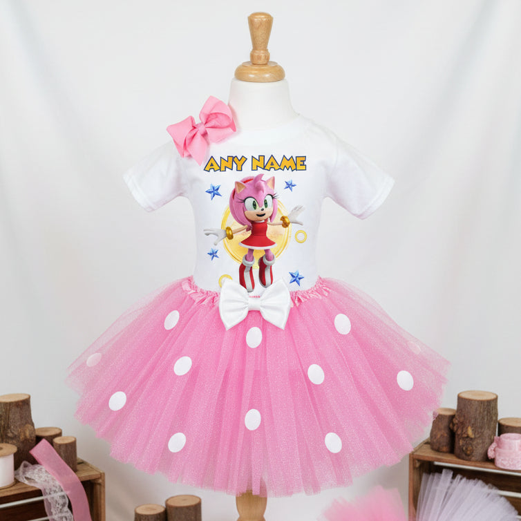 Sonic the Hedgehog Movie Amy Rose Tutu Set Girls Personalized Custom Pink White Polka Dots Tutu Outfit Dress Theme Cake Smash Party