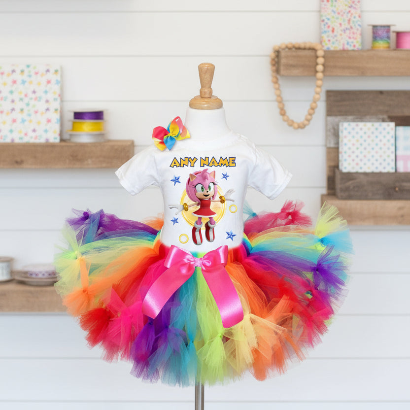 Sonic the Hedgehog Movie Amy Rose Tutu Set Girls Personalized Custom Rainbow Knots Tutu Outfit Dress Theme Cake Smash Party